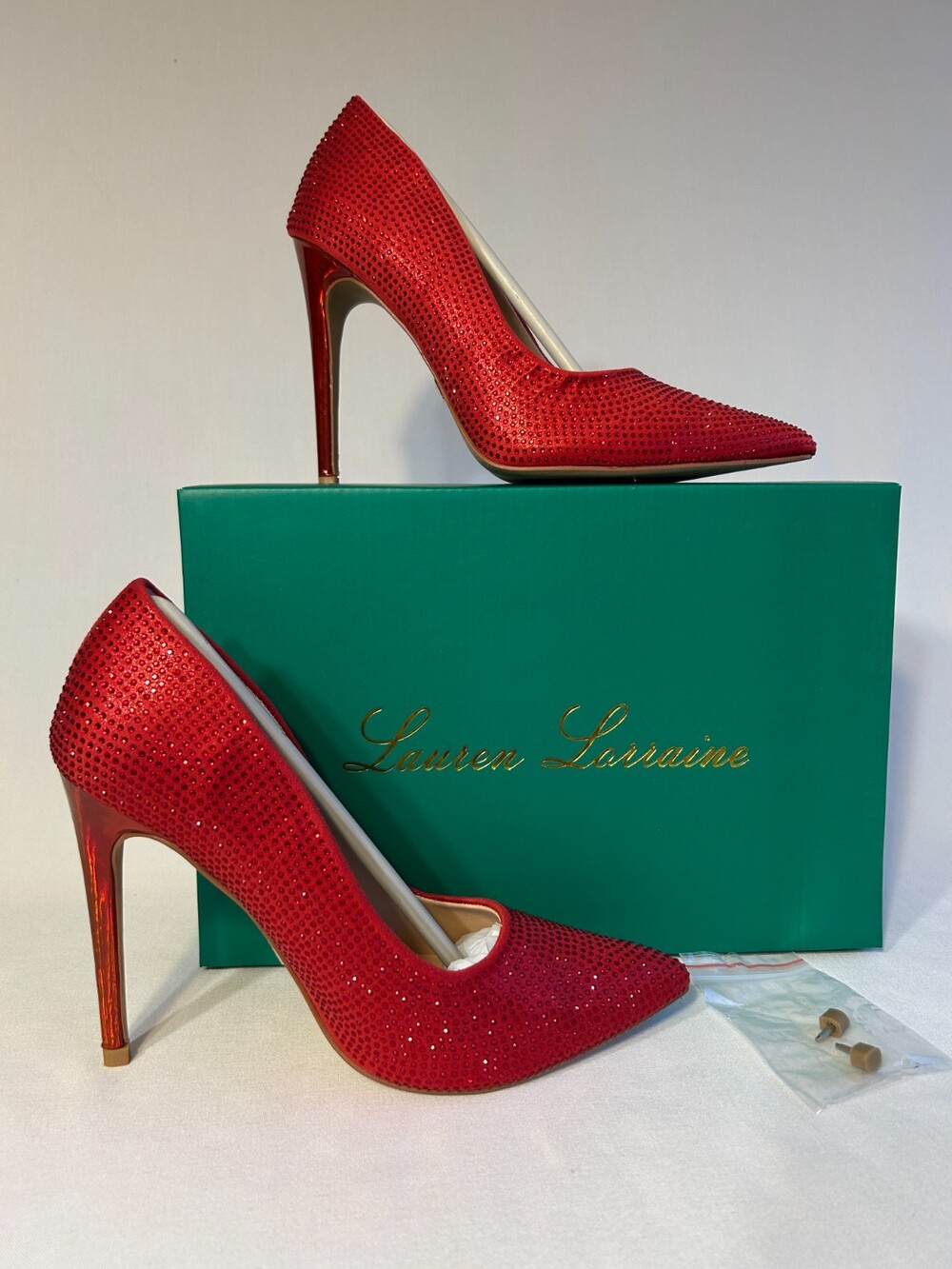 High Heels Rhinestone Red Stiletto Pumps Size 7.5 Lauren Lorraine Dori Shoes